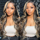BestFun FB/27 Balayage Highlight Lace Front Wig Human Hair Pre Plucked 220% Density 24 Inch 13x4 HD Lace Brazilian Virgin Human Hair Body Wave Wig Ombre Glusless Wigs for Women Natural Hairline