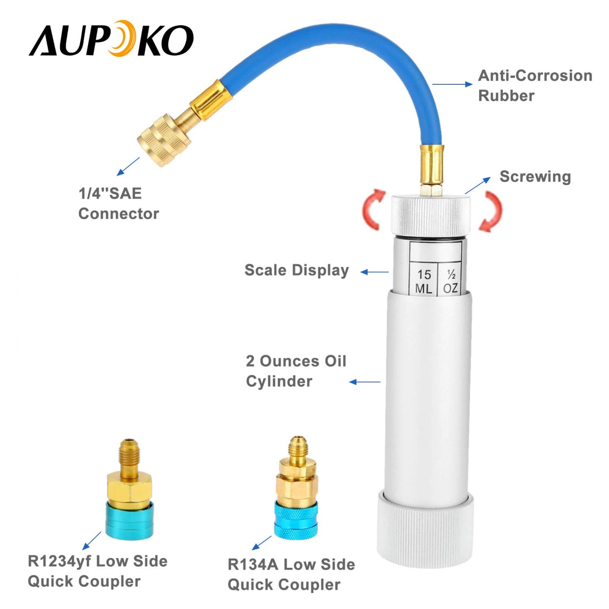 Aupoko AC Oil Injector Kit, R134A Oil Injector with R1234YF Low Side Quick Coupler, HVAC Dye Oil Injector with 1/4" SAE Connector, for R134A R22 R12 R1234YF Refrigerant System