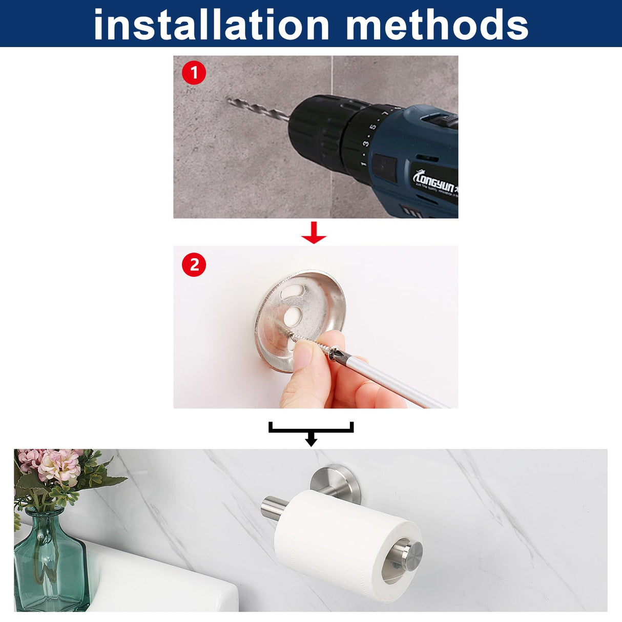 NearMoon Bathroom Toilet Paper Holder, Premium SUS304 Stainless Steel Rustproof Wall Mounted Toilet Roll Holder for Bathroom, Kitchen (3 Pack, Brushed Nickel)