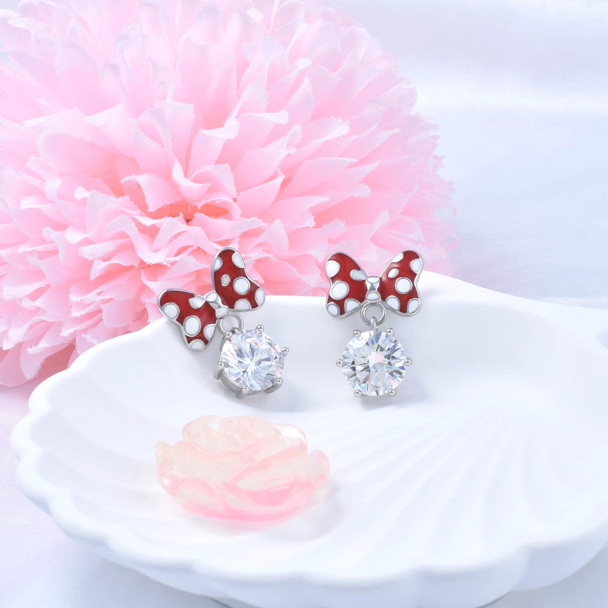 Red Bow Earrings Sterling Silver Red Mouse Bow Stud Earrings with Big Sparkling CZ Dangle Cute Dainty Sweet Bowknot Earrings Lucky Cute Animal Stud Jewelry Gifts for Women Daughter Birthday