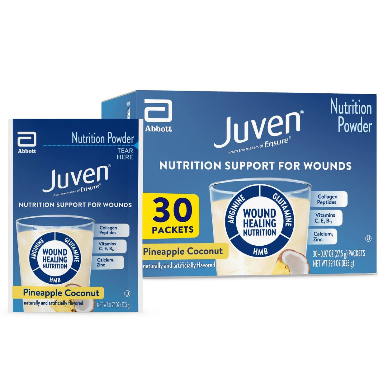 Juven Therapeutic Nutrition Drink Powder Including Collagen Peptides, Amino Acids, and HMB for Wound Healing Support, Pineapple Coconut, 30 Packets