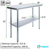 AmGood 18 in. x 48 in. Stainless Steel Work Table | Metal Kitchen Food Prep Table | NSF