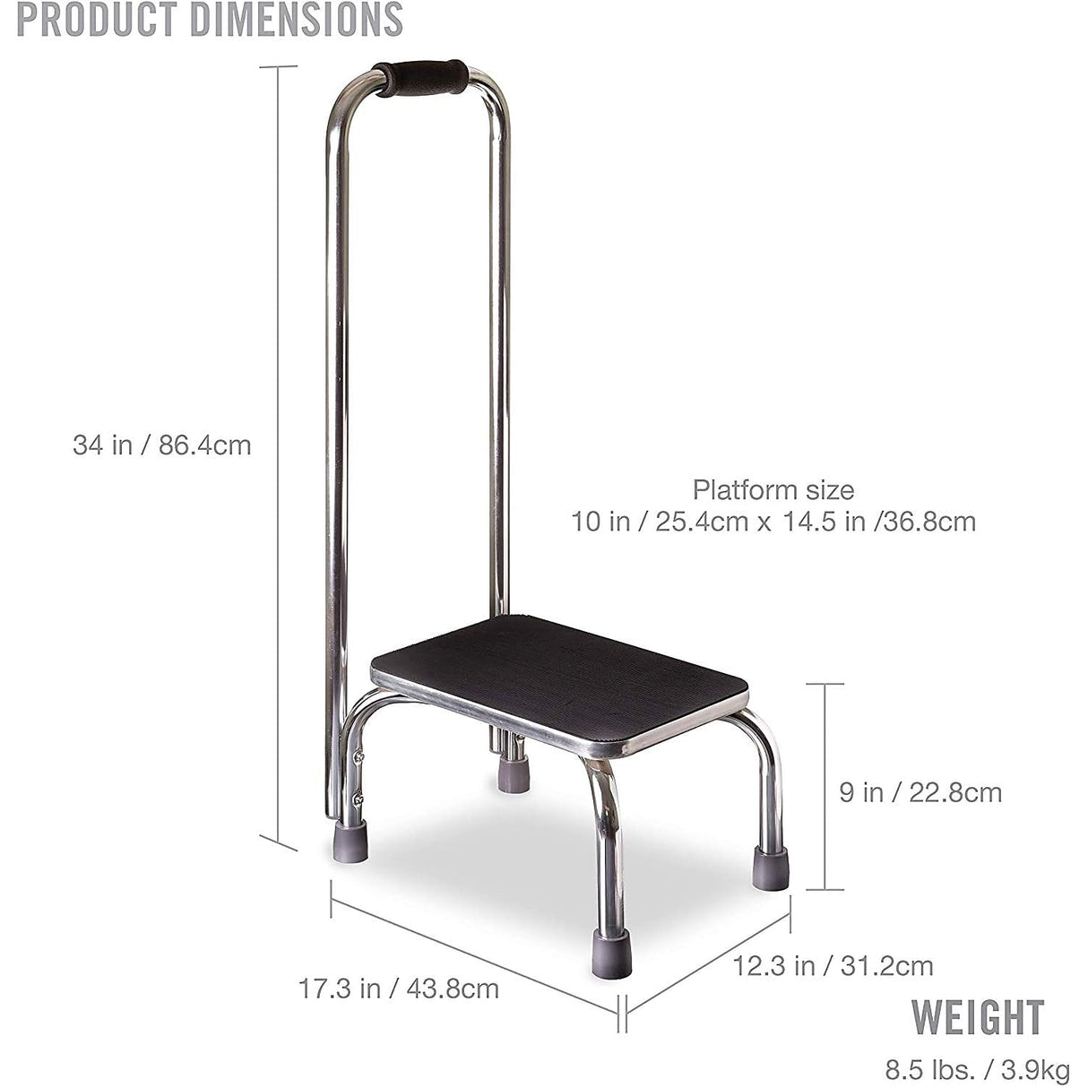 DMI Step Stool with Handle and Non Skid Rubber Platform, Lightweight and Sturdy Stool for Seniors, Adults and Children, Holds up to 300 Pounds with 9.5 Inch Step Up, 17.3"D x 12.3"W x 34"H, Chrome
