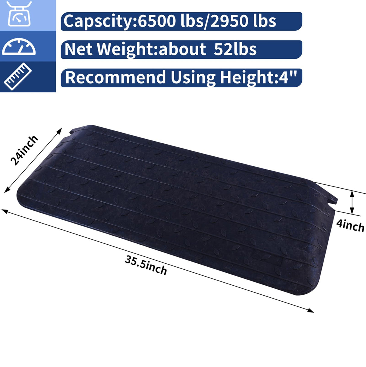 4 Inch Rise Threshold Ramp Anti-Slip Wheelchair Ramp Rubber Curb Ramp for Home Doorways 3 Feet Long 5500lbs Load Capacity(Anti-Slip Design)