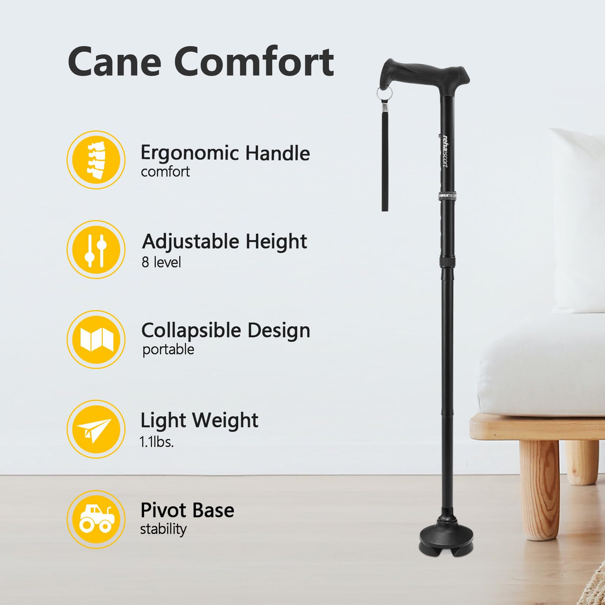 Walking Cane for Men & Women - Folding, Adjustable, Lightweight, Walking Canes for Seniors Balance, Free Standing, Pivot Tip, Soft Handle, Foldable Walking Sticks with Travel Bag (Black)