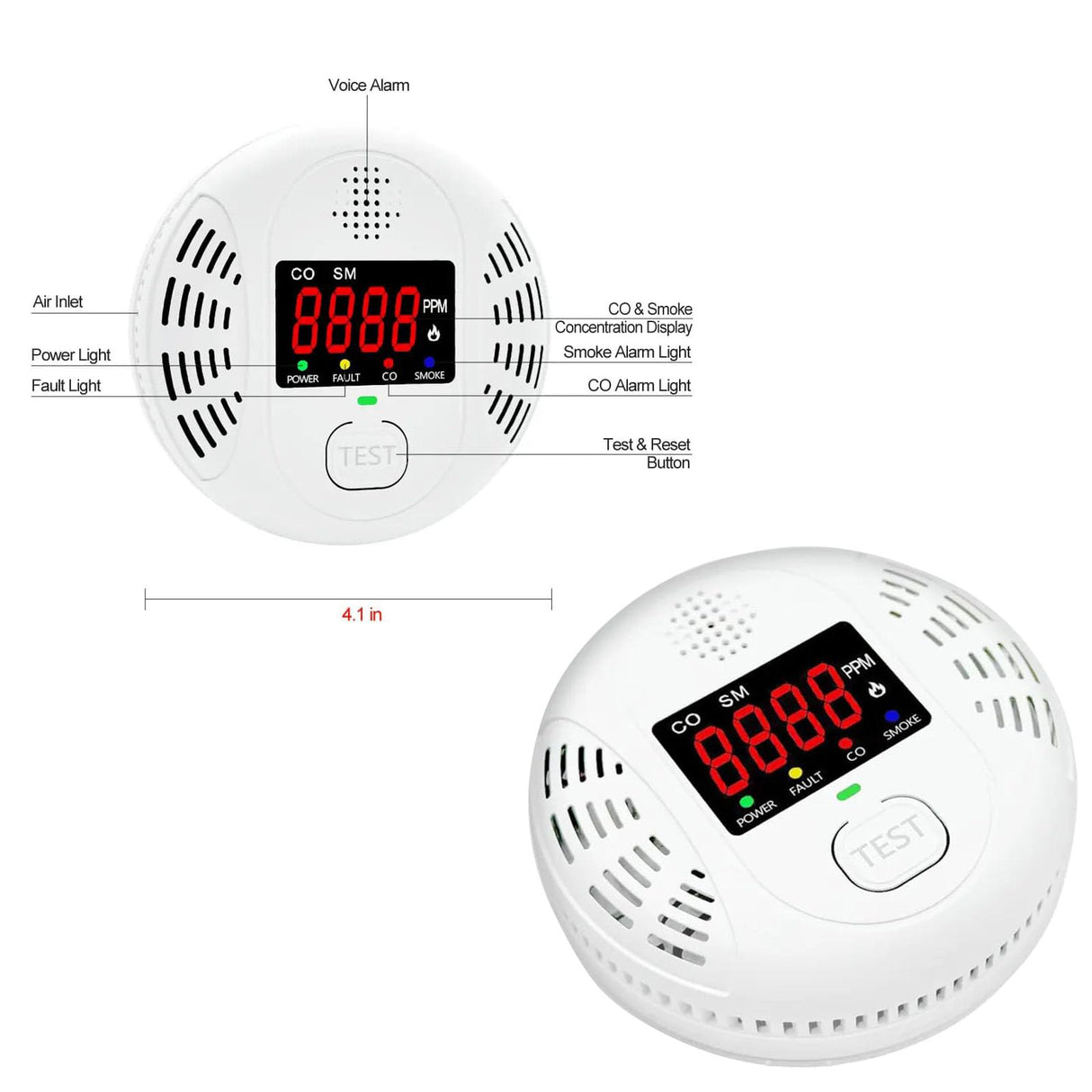 Vzmcov Carbon Monoxide and Smoke Detector Equipped with LCD Display, Battery Powered, Dual Sensor Alarm, 85dB Voice Alarm and Real-time CO Tracking, Suitable for Home/Kitchen/Bedroom/RV 1-Pack