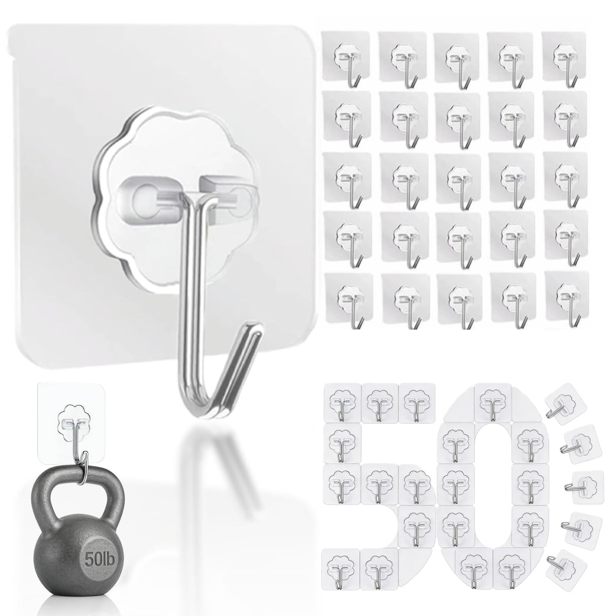 DDMY Hooks for Hanging, 50 Pack Wall Hooks 50lb(Max) Transparent Reusable Waterproof Adhesive Hook for Kitchen Curtain, Towel Hook for Bathrooms, Heavy Duty Self Coat Hook for Walls No Damage