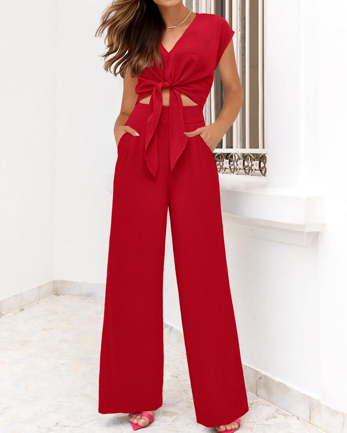 PRETTYGARDEN Women's Casual Summer Outfits 2 Piece Cute Cap Sleeve Tie Front Tops Loose Fit Pant Fashion Airport Outfit(Solid Red,Medium)