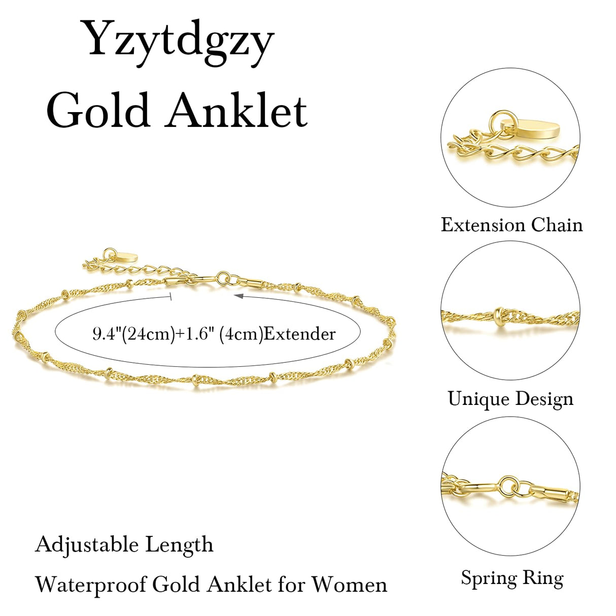 Yzytdgzy 14K Gold Anklets for Women Gold Ankle Bracelets for Women Beaded Anklet for Womens Ankle Bracelet Water Wave-Inspired Design with Beads Twisted Anklets for Womens 9.4'' to 11''