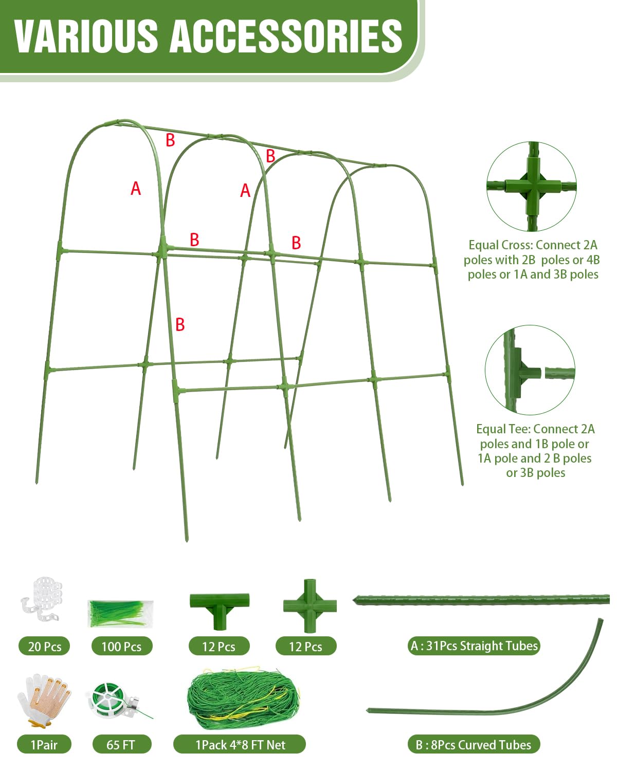 51x35x48in U-Shape Metal Arch Cucumber Trellis for Raised Bed with Net