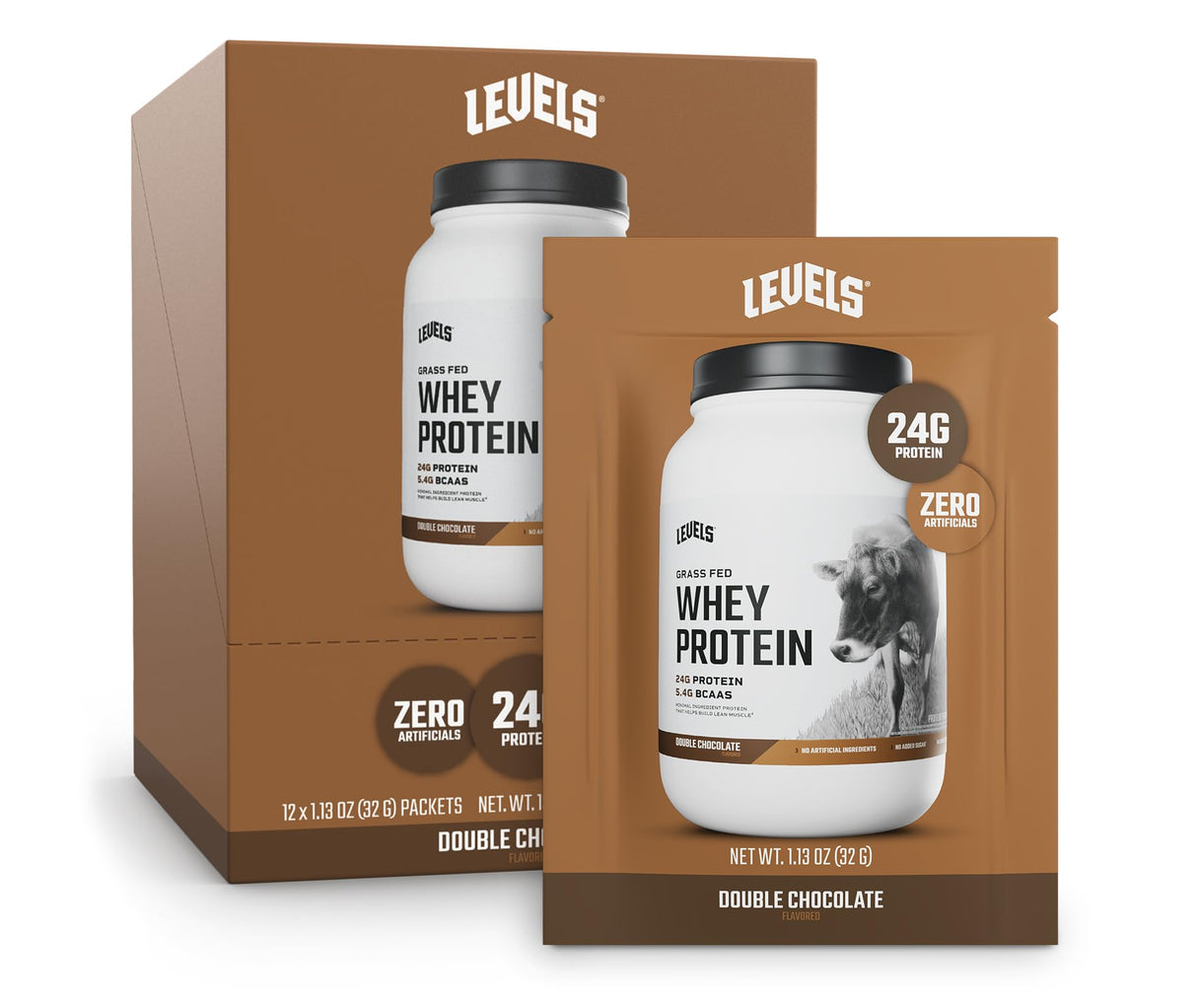 Levels Grass Fed Whey Protein Powder, No Artificials, 24G of Protein, Double Chocolate, 12 Count