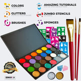 Zenovika Face Painting Kit for Kids - 60 Reusable Stencils & 39-Design Guide Book, 24 Large-Pan Water Activated Face Paints, Covers 30+ Full Faces, Washes Off with Soap & Water, Halloween & Party