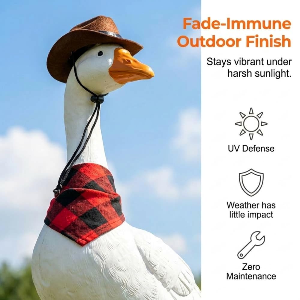 VTYER 2026 New Adjustable Large Porch Goose Statue – 14 Inch Realistic Hollow Plastic Garden Goose with Removable Cowboy Hat & Bandana, Stone Base with Sand-Fillable Design (White)