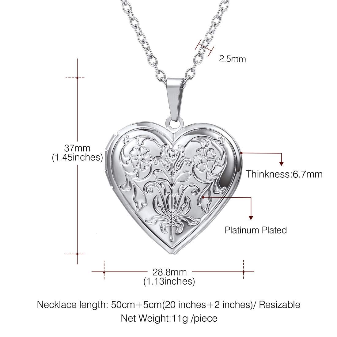 U7 Memorial Photo Locket Necklace, Women Silver Heart Pendant with Engrave