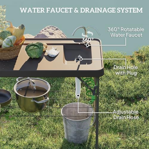Outsunny Folding Fish Cleaning Table with Sink, Portable Camping Sink Station with Faucet, Drainage Hose, Sprayer and Grid Rack, Outdoor Fillet Table for Picnic Beach Patio, Tan