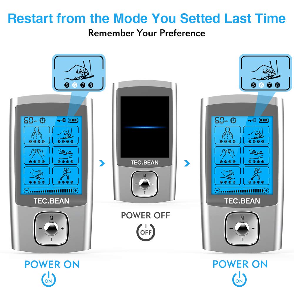 TEC.BEAN 24 Modes Tens Unit Muscle Stimulator, Rechargeable Tens Machine with 8 Electrode Pads (American Gel), Electric Pulse Massager for Pain Relief Therapy（Silver