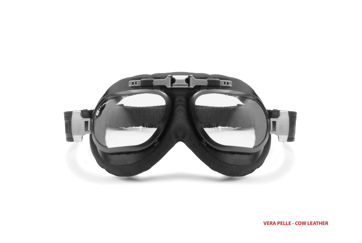 Bertoni Motorcycle Goggles Real Black Calfskin Leather AF191L Italy Vintage Aviator Bikers Glasses