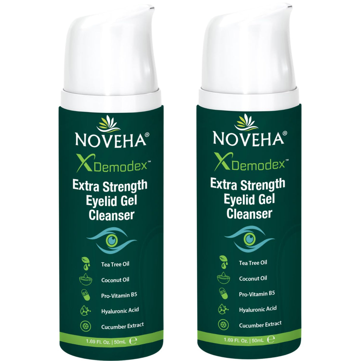 NOVEHA Demodex Extra Strength Eyelid Gel Cleanser - for Demodex, MGD and Dry Eye with Pro-Vitamin B5, Tea Tree Oil, and Hyaluronic Acid - Gentle Cleansing, Soothes Itchy Eyelid - 50mL (2 Pack)