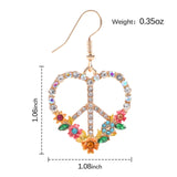 Peace Sign Earrings, 70s Hippie Earrings, Boho Heart Flower Diamond Drop Earrings for Women, Zirconia Love Heart Pendant Dangle Peace Earring, Rose Gold Chain Birthday Valentines Day Jewelry Gifts