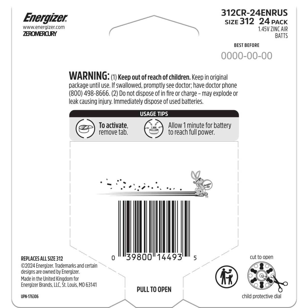 Energizer Hearing Aid Batteries Size 312, Brown Tab, 24 Pack