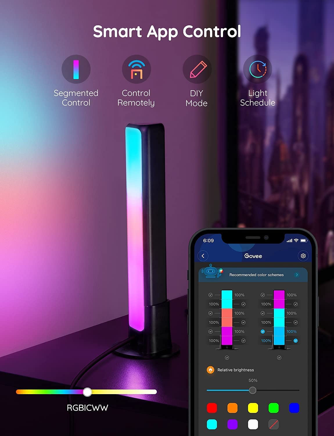 Govee Smart LED Light Bars, Work with Alexa and Google Assistant, RGBICWW WiFi TV Backlights with Scene and Music Modes for Gaming, PC, Room Decoration,Black