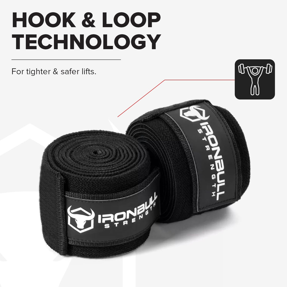 Iron Bull Strength Knee Wraps (1 Pair) - 80" Elastic Knee and Elbow Support & Compression - For Weightlifting, Powerlifting, Fitness, WODs & Gym Workout - Knee Straps for Squats (Black)