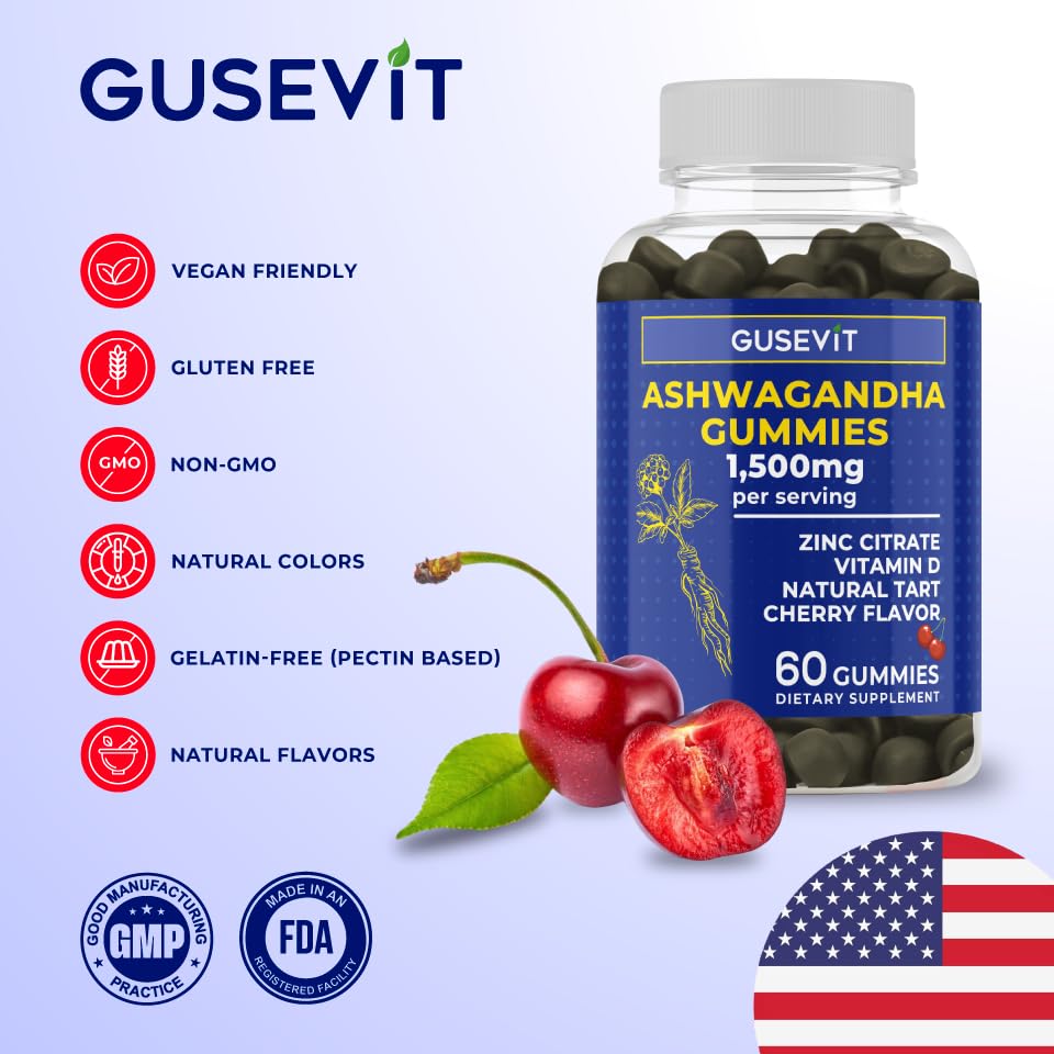 GUSEVIT Ashwagandha Gummies 1,500mg with Vitamin D & Zinc | Vegan Ashwaghandha Supplement for Mood & Immune Support, Focus & Relaxation | Gluten-Free, Non-GMO | Cherry Flavor, 60 Ct
