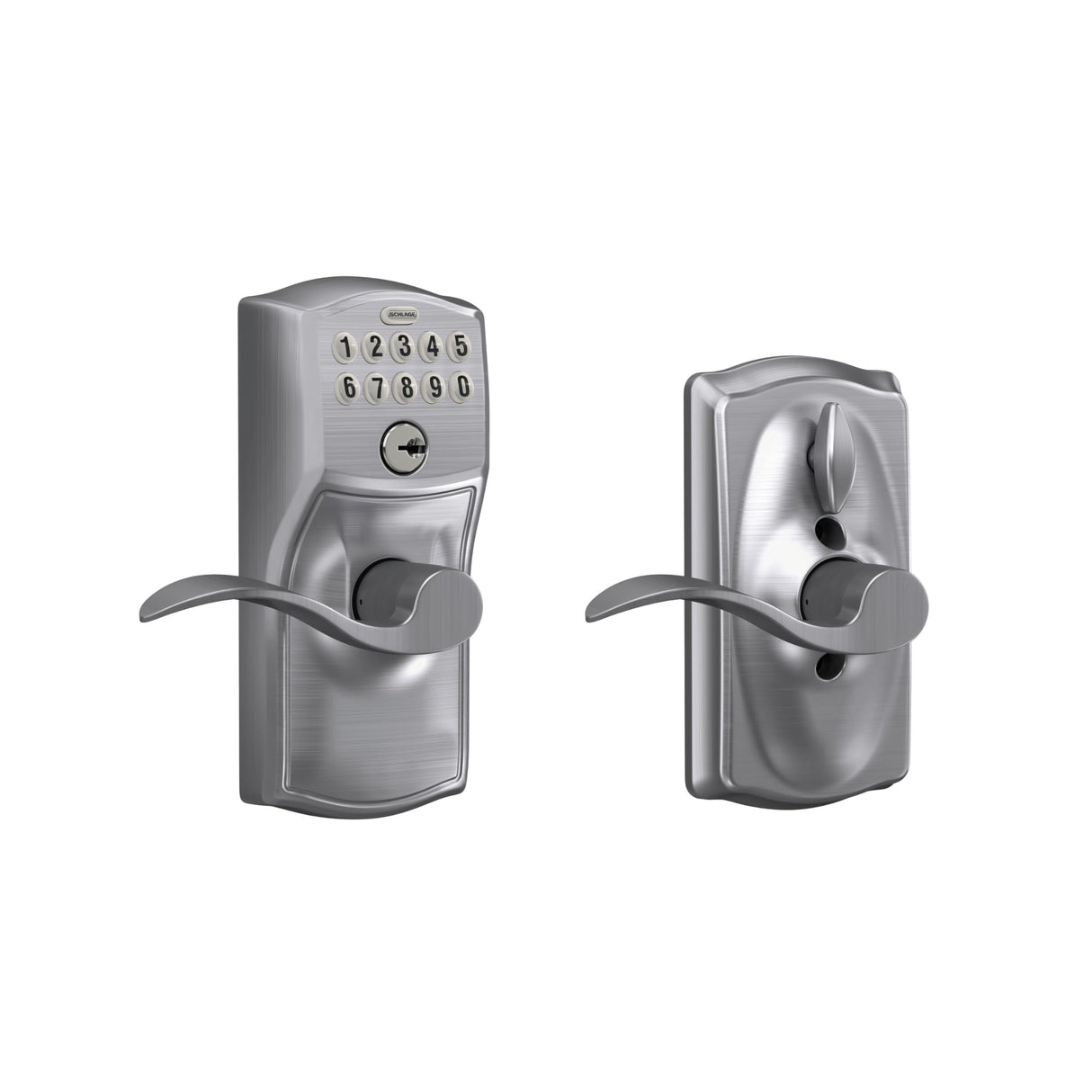 Schlage Camelot Keypad Lock with Lever Handle, Electronic Keyless Door Entry, Flex Lock Auto‑Lock Option, Satin Chrome, FE595 CAM 626 ACC