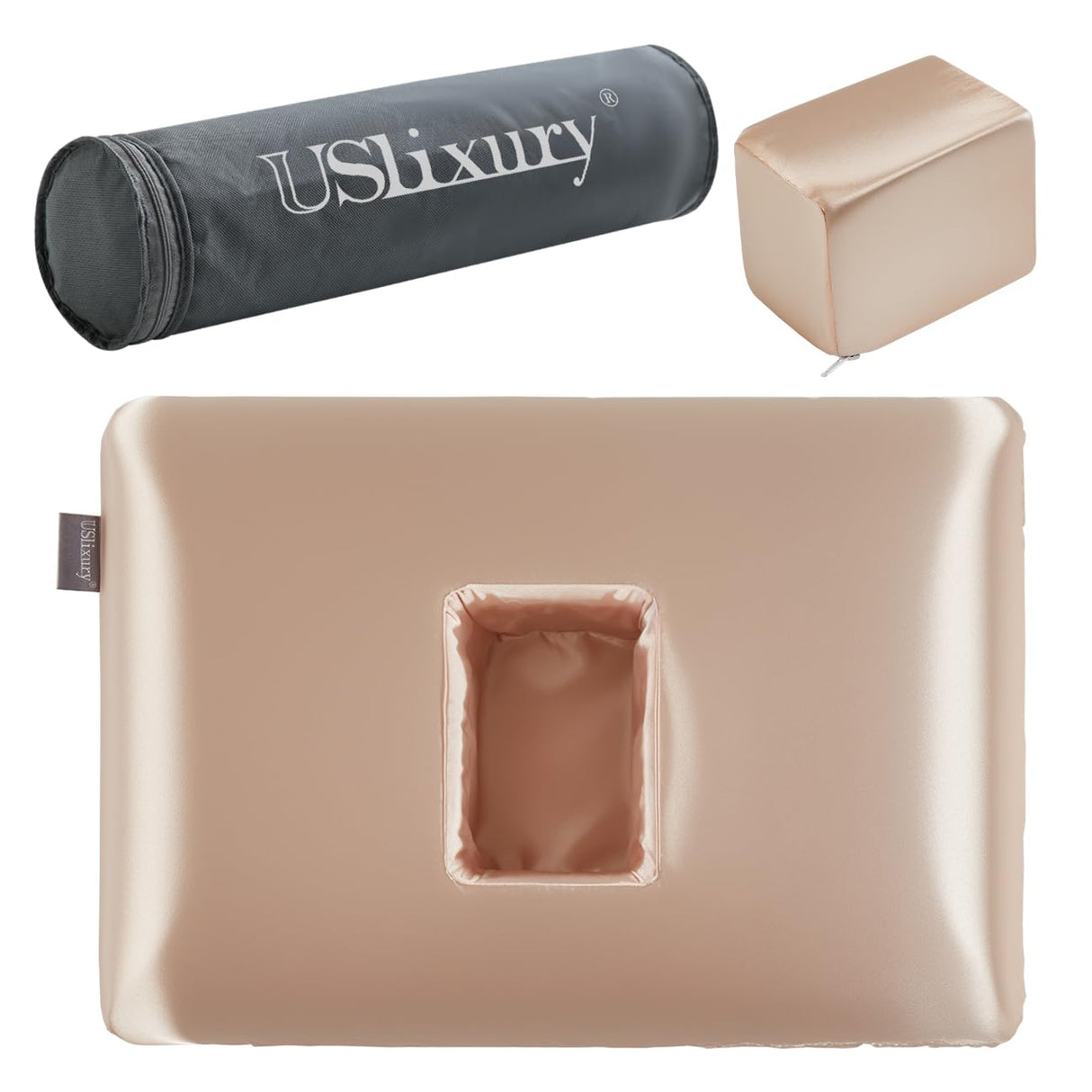 USlixury Piercing Pillow - Ear Piercing Pillow with Foam Plug, 4''H Mini Donut Plilow with 4.7x3.2 Off Center Ear Hole, CertiPUR-US Memory Foam Hole Plilow for Side Sleeper, Satin Cover, Champagne