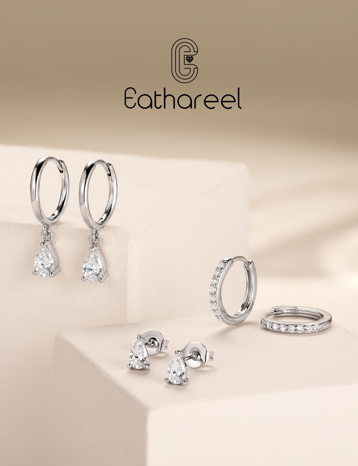 3 Pairs 925 Sterling Silver Hoop Earrings, White CZ