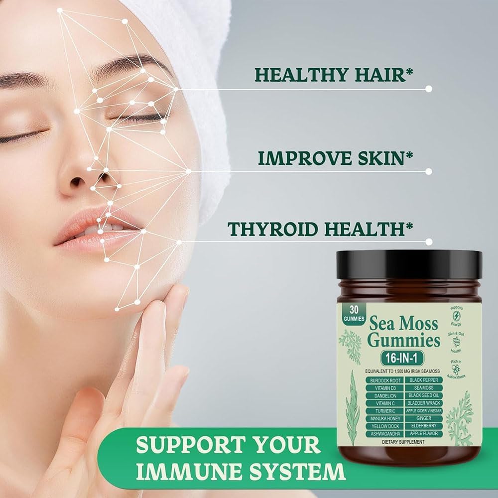 16 in 1 Sea Moss Gummies | Sea Moss Gummies for Women Men with Black Seed Oil, Burdock Root, Bladderwrack, Manuka Honey, and 10 More