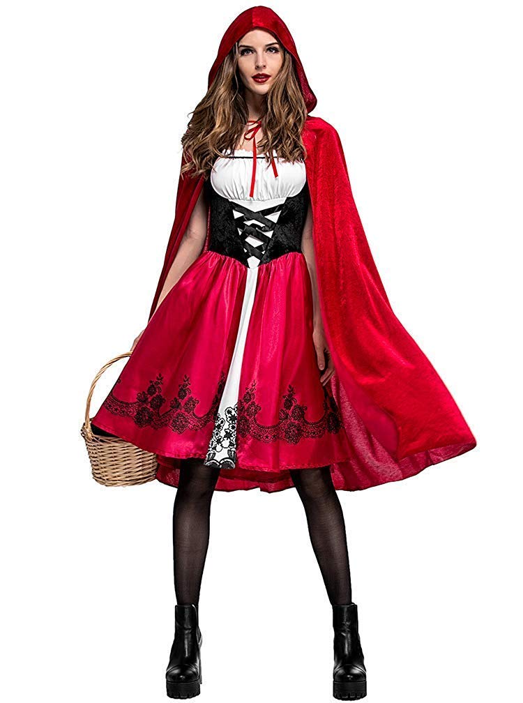 Simplecc Women Little Red Riding Hood Costume Christmas Halloween Party Dress with Cape Medium