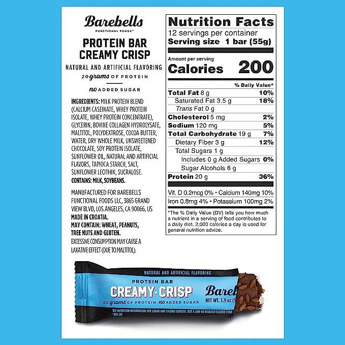 Barebells Protein Snacks Bars Creamy Crisp - 12 Count,Pack of 2, 1.9oz Bars 55g of High Protein - Chocolate Protein Bar with 1g of Total Sugars - Perfect on The Go Protein Snack & Breakfast Bars.