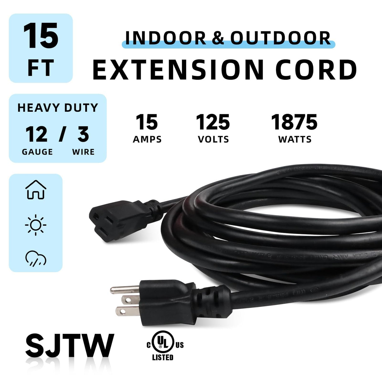 EP 15 Ft Outdoor Extension Cord - 12/3 SJTW Heavy Duty Black Extension Cable with 3 Prong Grounded Plug - Power Cord for Lawn, Garden, Appliances
