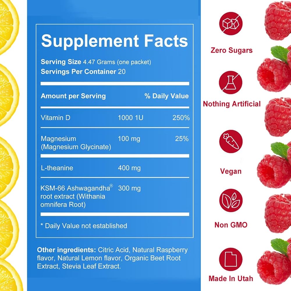 UltraCalm Super Cortisol Drink – Calm Magnesium Glycinate Powder – 30 Servings – L-theanine, Ashwagandha, Vitamin D – No Sugar – Raspberry Lemonade – Electrolytes Powder