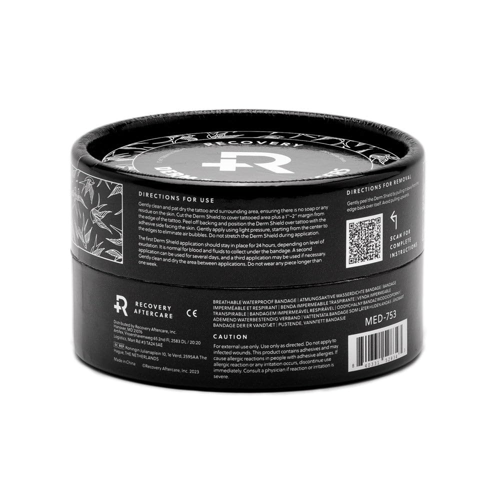 Recovery Derm Shield Bangers Tattoo Aftercare Bandage, Waterproof, Latex-Free Adhesive, Breathable, Care Products, Clear, Circular 3” Diameter, Tub of 100