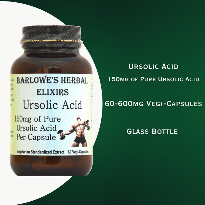 Barlowe's Herbal Elixirs Ursolic Acid Extract | 150mg | 60 Veggie Capsules | Stearate Free | Non-GMO | Glass Bottle | Vegetarian