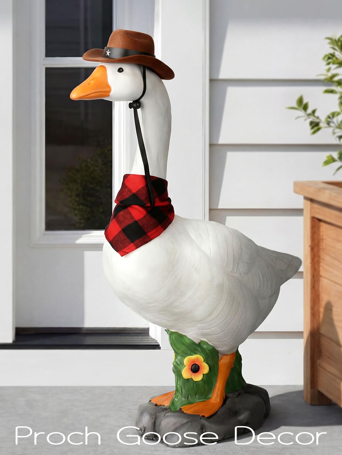 LarpGears Premium Adjustable Large Porch Goose Statue – 23” Realistic Hollow Plastic Garden Goose with Removable Cowboy Hat & Bandana, Stone Base with Sand-Fillable Design for Outdoor Stability