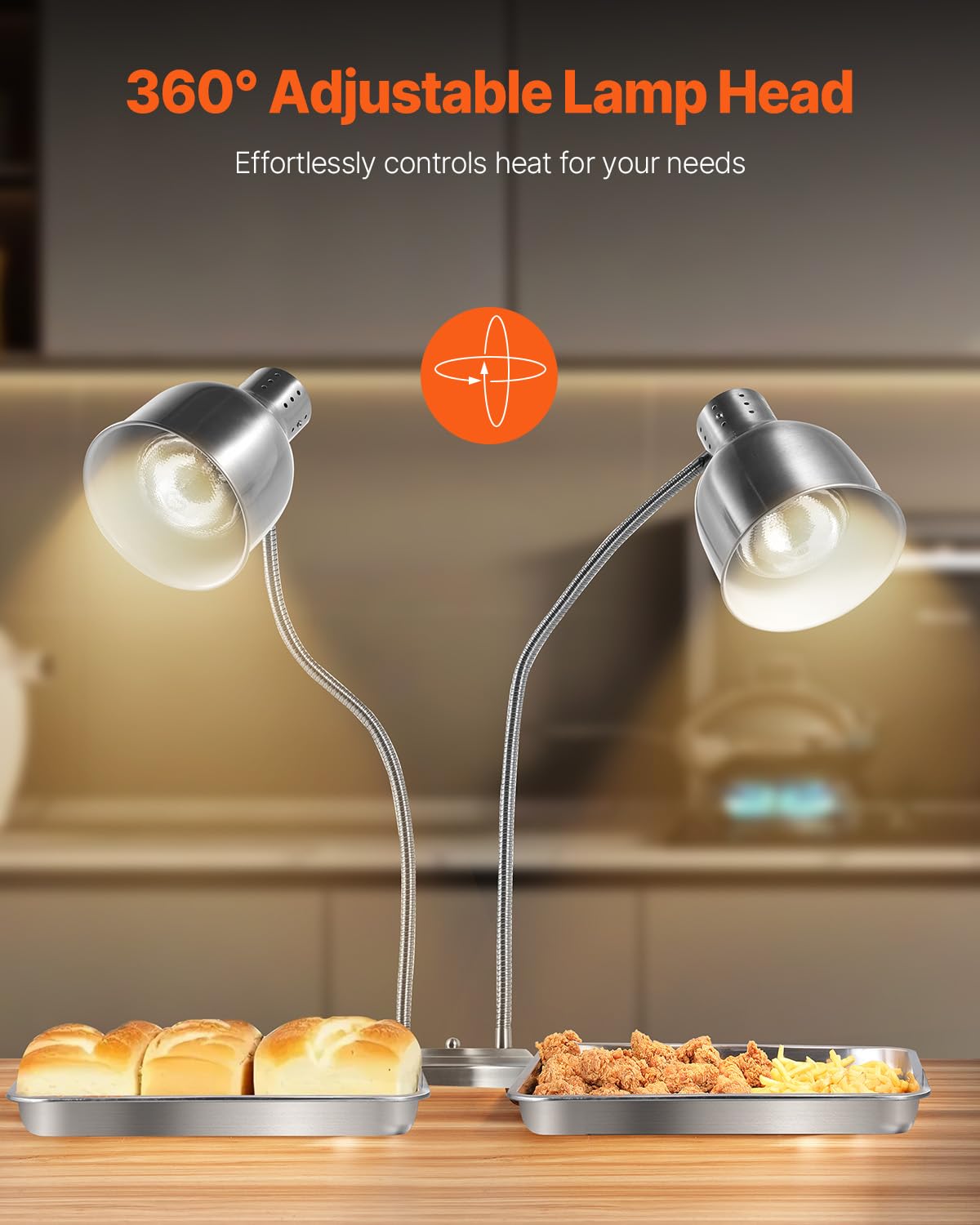 VEVOR Food Heat Lamp, 500W Electric Commercial Food Warmer Light, 2-Head Stainless Steel French Fry Heating Lamp with 3 Bulbs, Catering Food Warming Equipment for Kitchen, Buffet, Restaurant, Silver
