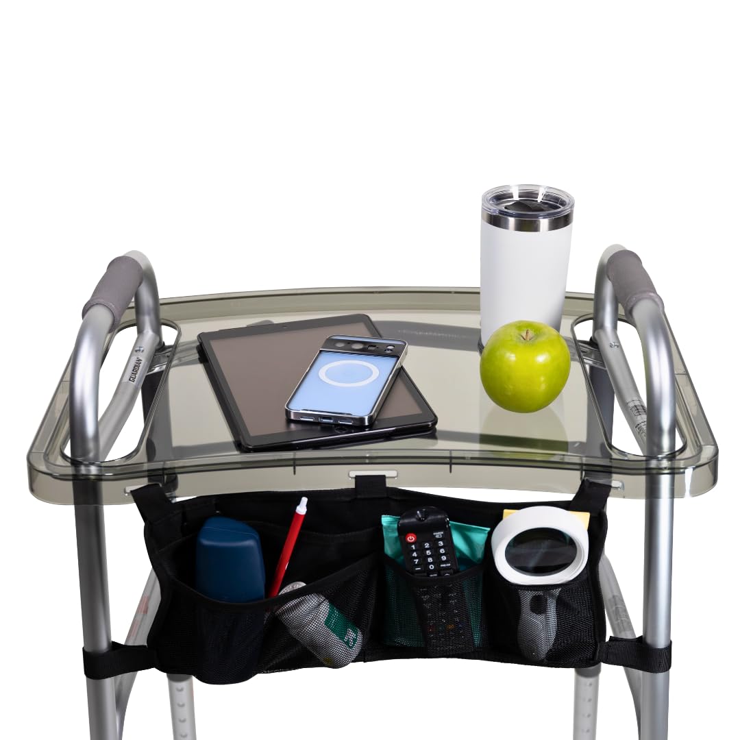StrongArm Clear View Walker Tray + Bag + Non-Slip Mat & Cup Holder, Tray for Folding Walkers, Food Tray, Walker Accessories, Tray Table for Standard Adult Walkers (Black)