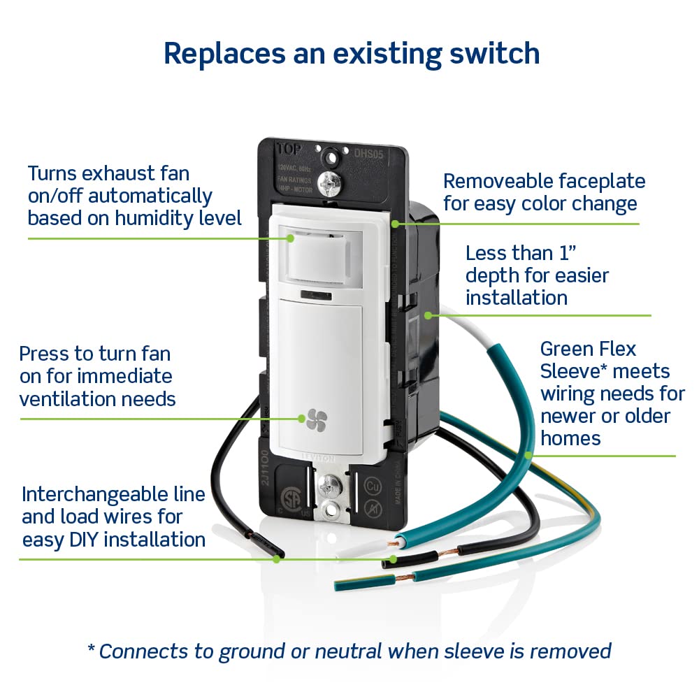 Leviton Humidity Sensor Switch for Bathroom Exhaust Fan, Automate Ventilation, Air Circulation, Moisture Control, ¼ HP, Single Pole, DHS05-1LW, White