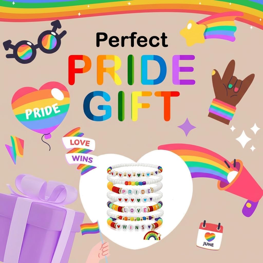 Artlunar LGBT Pride Bracelet for Bisexual Lesbian Gay& Allies Pride Love Wins Rainbow Colorful Beaded Clay Elastic Stackable Stretch Bracelet LGBTQ Celebration Gifts