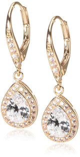 Anne Klein Gold Tone Cubic Zirconia Pear Shape Leverback Drop Earrings for Women – Clear CZ Pave Halo Dangle Earrings, Elegant Gold Fashion Jewelry