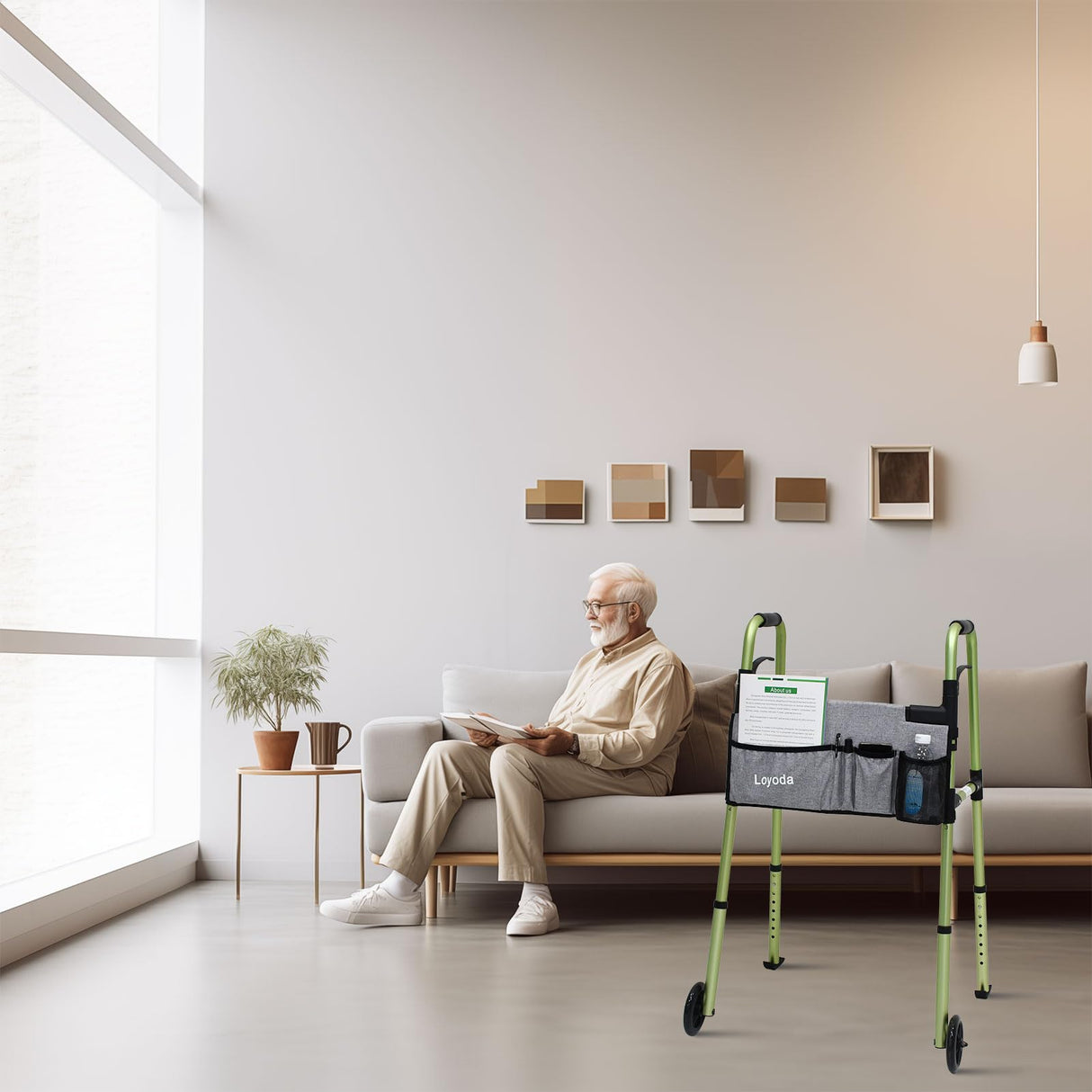 Loyoda Folding Walkers for Seniors,FSA/HSA Eligible Medical Walker with Storage Bag and Glide Skis 5'' Front Wheel Lightweight Walker Height Adjustable Aluminum Standard Walker for Disabled (Green)