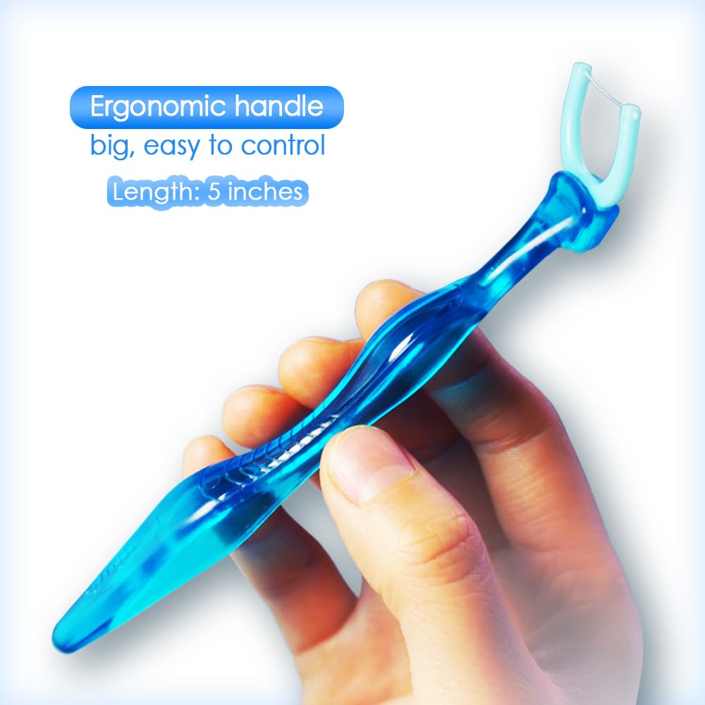 T.Smile NoFuss Dental Flosser Kit, 5-inch Long Handle & Refill Heads, Extra-Strength Floss for Comfortable Clean, Fluoride Free, (1 Blue Handle + 100 Extra-Strength Floss Refills)