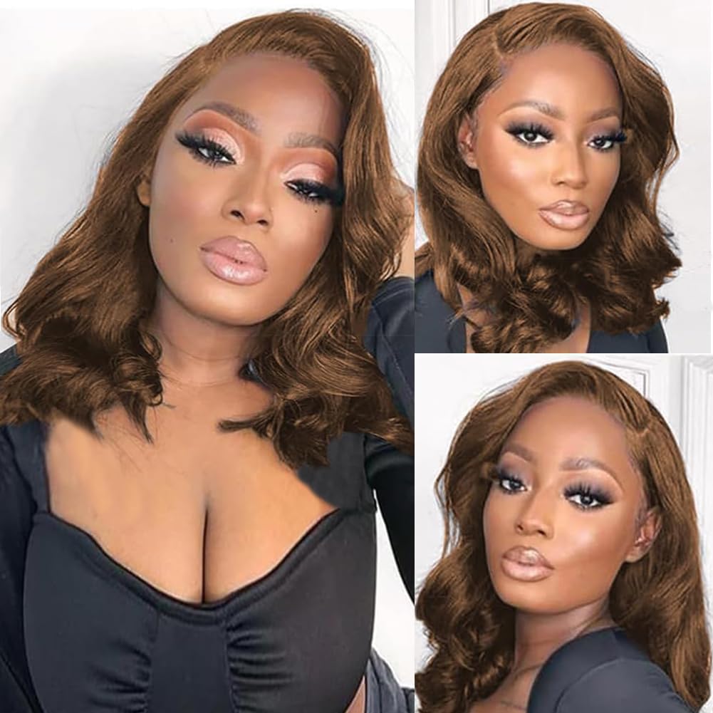 Brown Bob Wig Human Hair 13x4 Frontal Lace Wig 14 Inch Body Wave HD Lace Front Wigs Human Hair Pre Plucked Glueless Bob Wigs for Women (#4 Brown, 14 Inch)