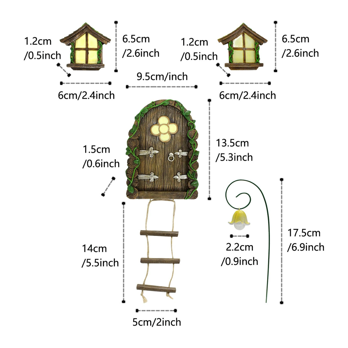 Fairy Door and Windows Garden Kit Accessories Outdoor, Glow in Dark Gnome House for Tree, Lawn Yard Art Sculpture, Miniature Garden Decor (Ladder)