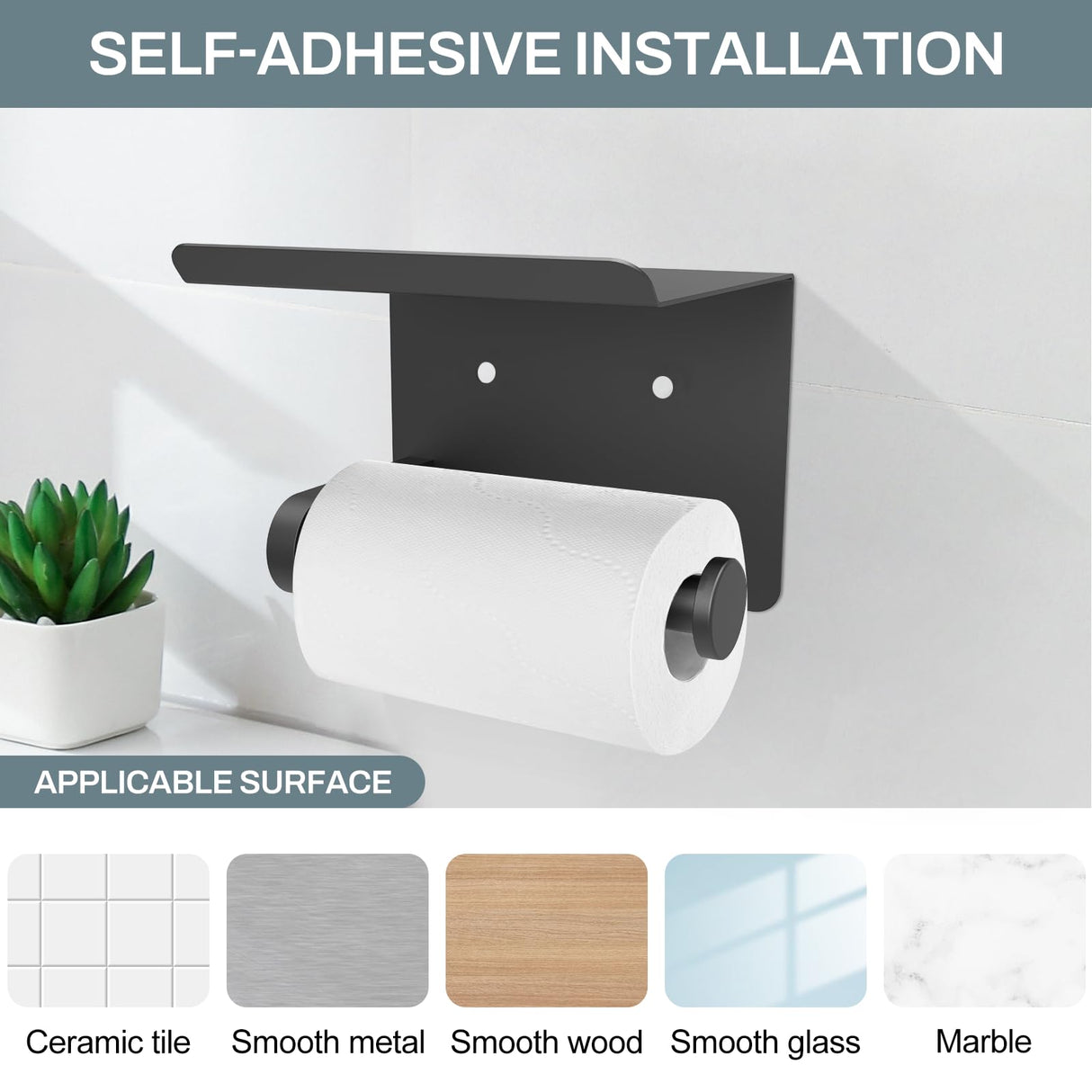 SetSail Toilet Paper Holder with Shelf Adhesive or Screw-in Bathroom Toilet Paper Roll Holders Wall Mount Matte Black Tissue Holder for Bathroom Hardware Accessories, 2 Packs