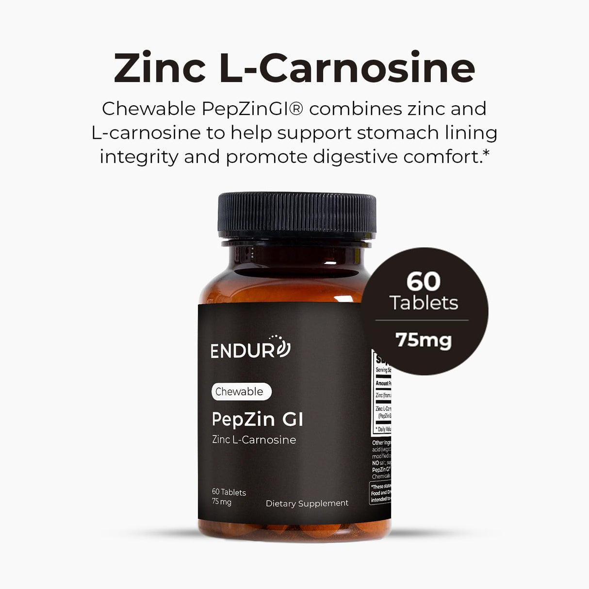 Endur PepZinGI ZINC-CARNOSINE Chewables, Helps Support Your Digestive System for Comfortable Digesting, Gluten Free, 60 Tablets
