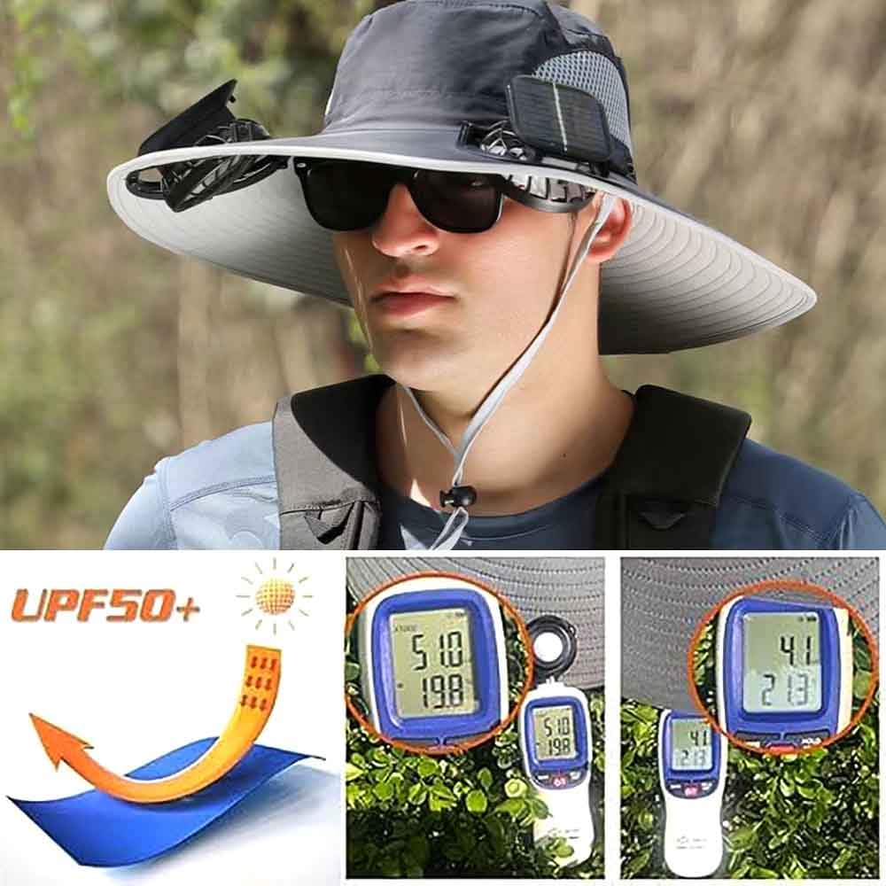 Solar Fan Hat, Wide-Brimmed Sun Hat with 2 Fans, Solar + USB Powered, Adjustable Angle, for Men and Women Fishing and Beach (US, Alpha, One Size, Camouflage)